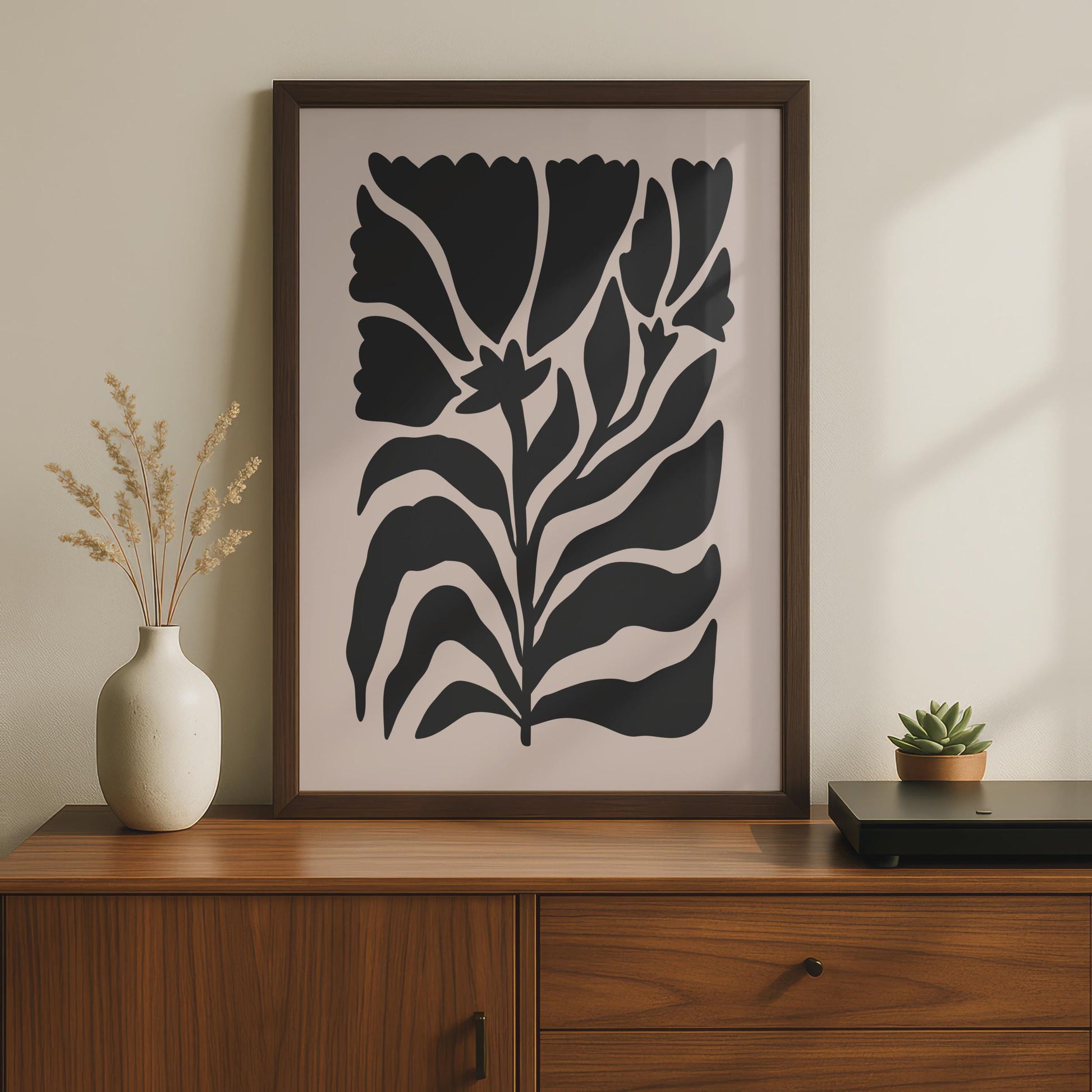Botanical Flower Print, Minimalist Floral Wall Art, Black Flowers on Soft Pink Background wall art print