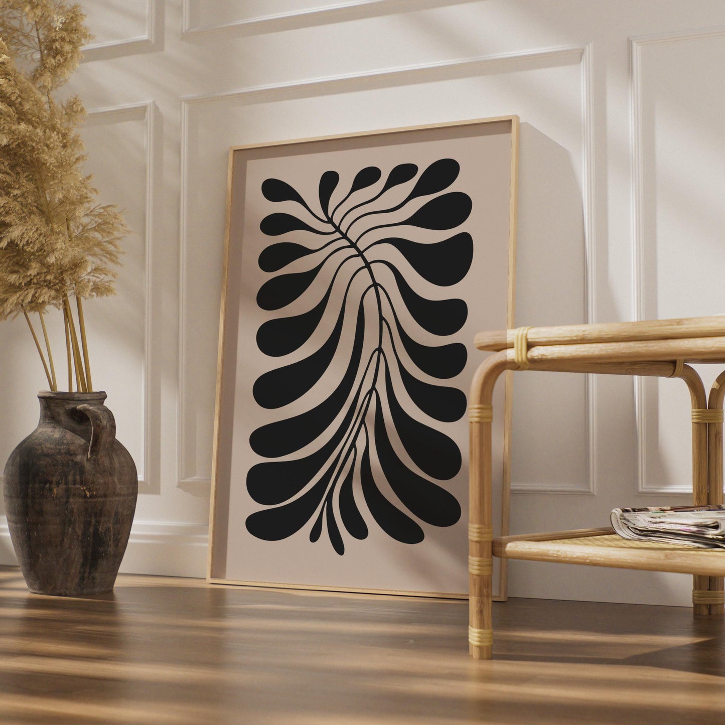 Botanical Leaf Art Print, Minimalist Black Beige Wall Art wall art print