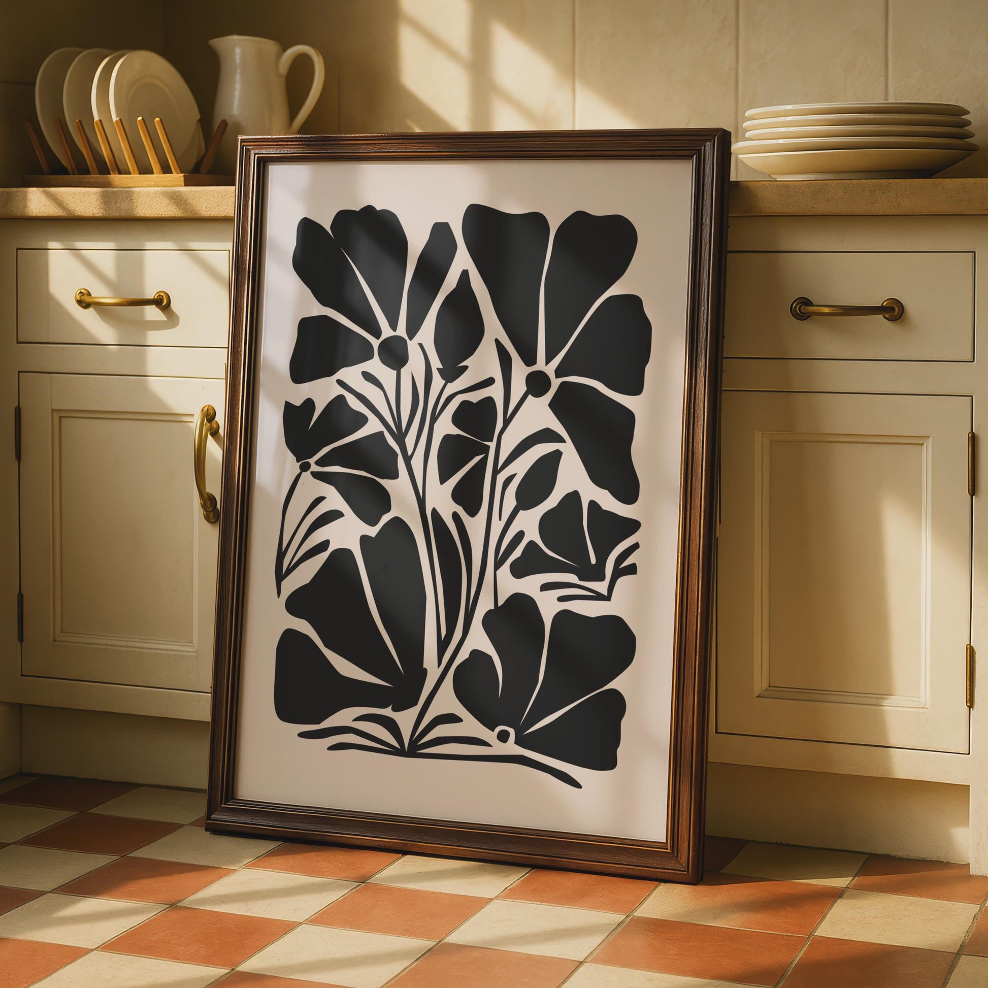 Bold Botanical Flower Print, Minimalist Floral Poster, Black and Beige Art for Home Decor wall art print
