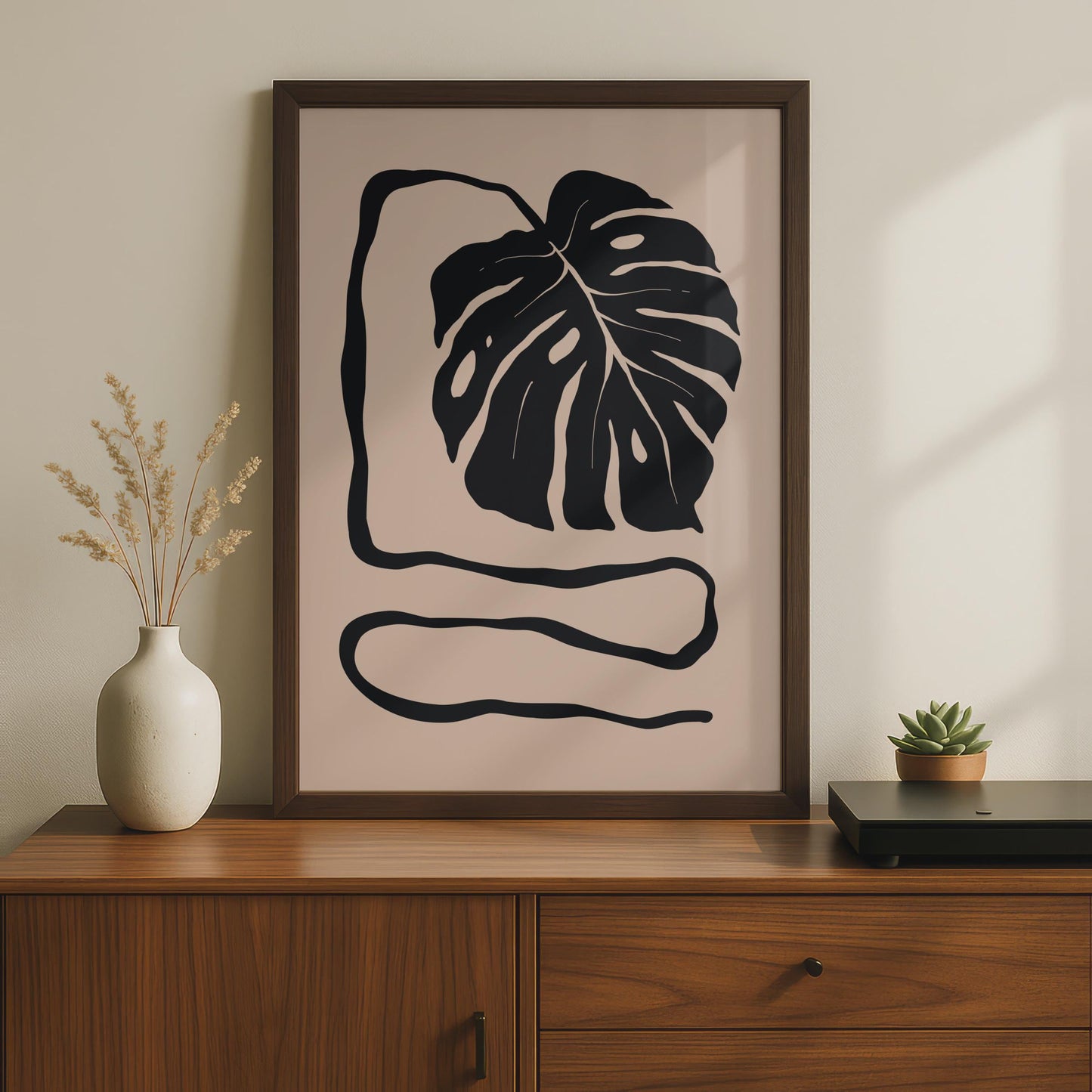 Botanical Monstera Leaf Print, Minimalist Black Beige Wall Art wall art print