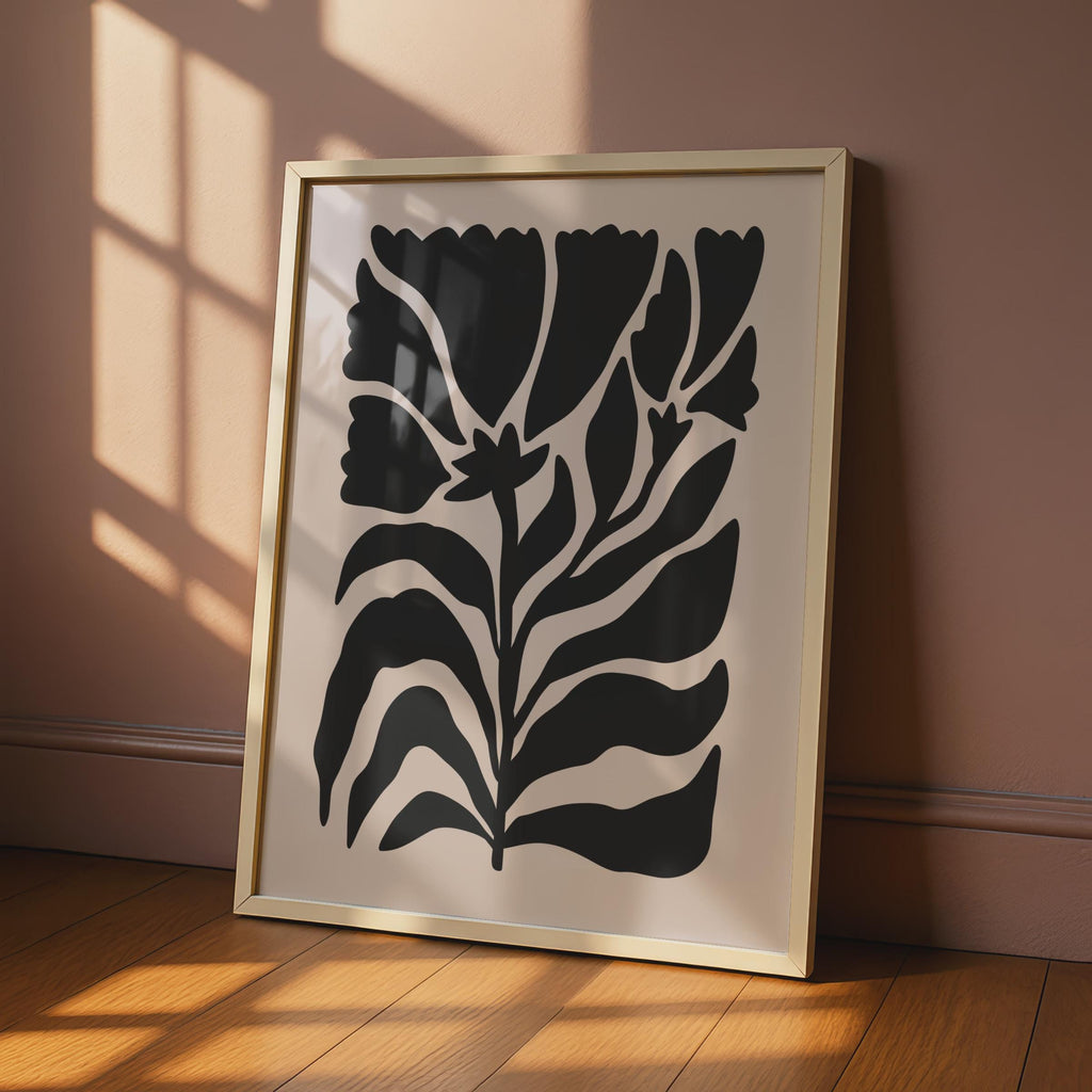 Botanical Flower Print, Minimalist Floral Wall Art, Black Flowers on Soft Pink Background wall art print