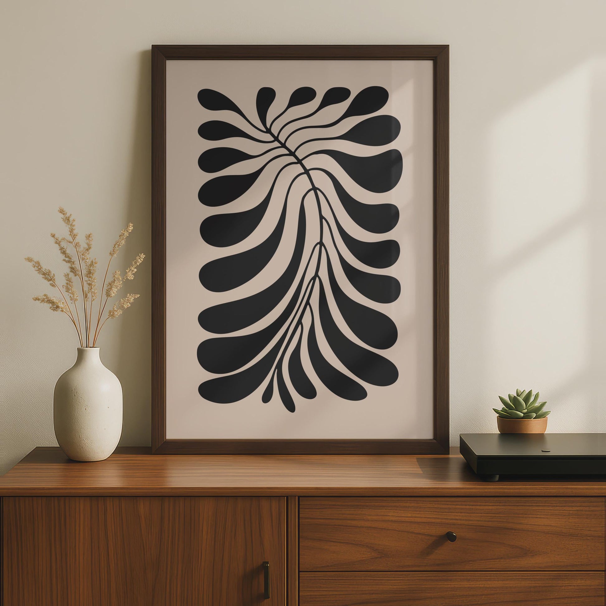 Botanical Leaf Art Print, Minimalist Black Beige Wall Art wall art print