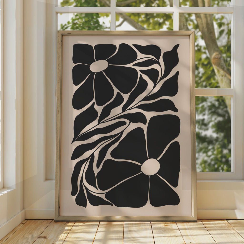 Botanical Flower Print, Black and Beige Floral Poster, Modern Wall Art for Home Decor wall art print