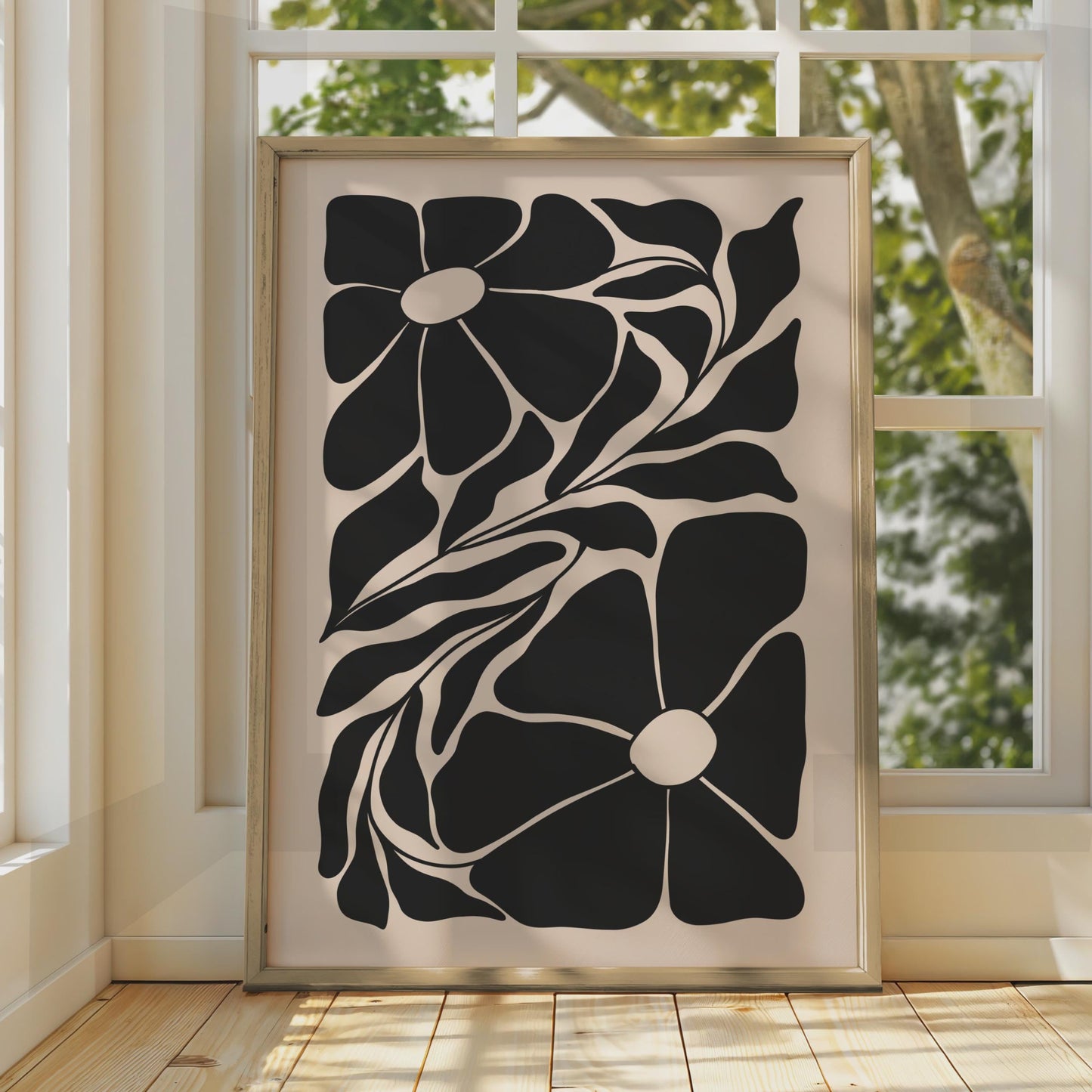Botanical Flower Print, Black and Beige Floral Poster, Modern Wall Art for Home Decor wall art print