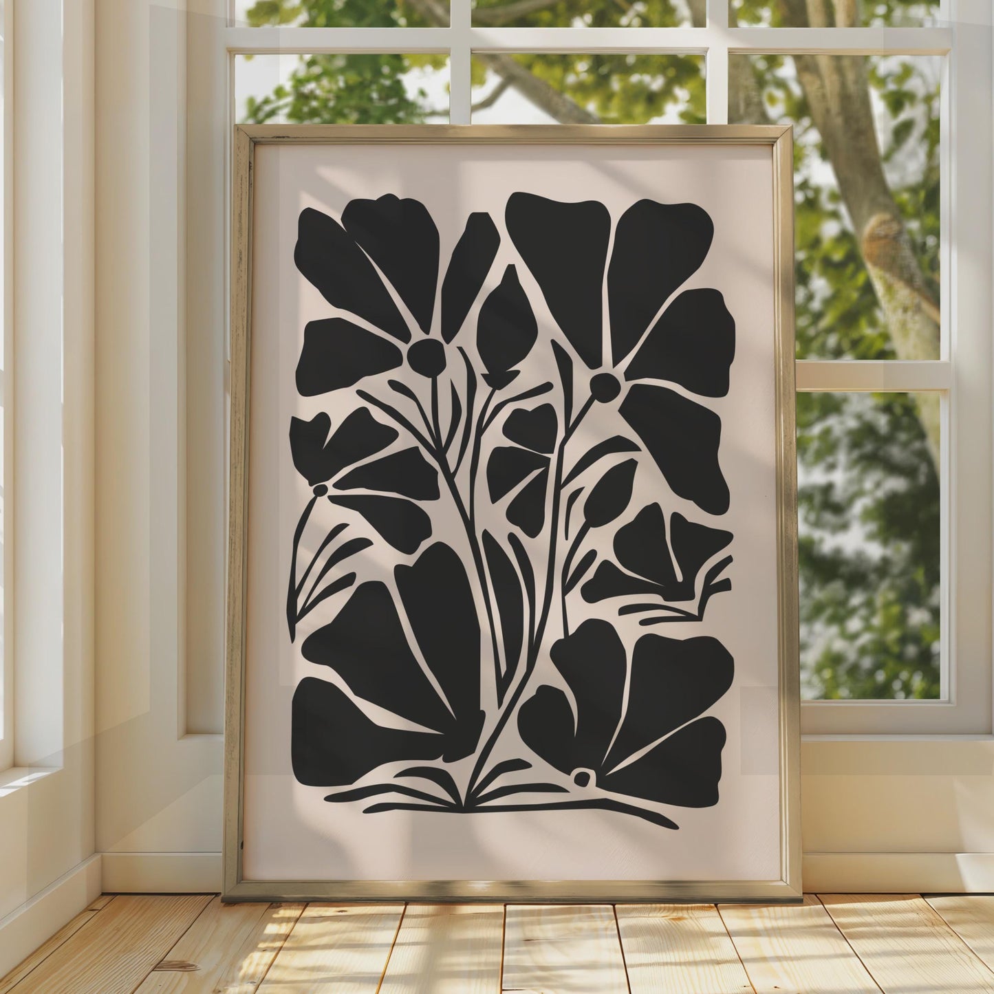 Bold Botanical Flower Print, Minimalist Floral Poster, Black and Beige Art for Home Decor wall art print