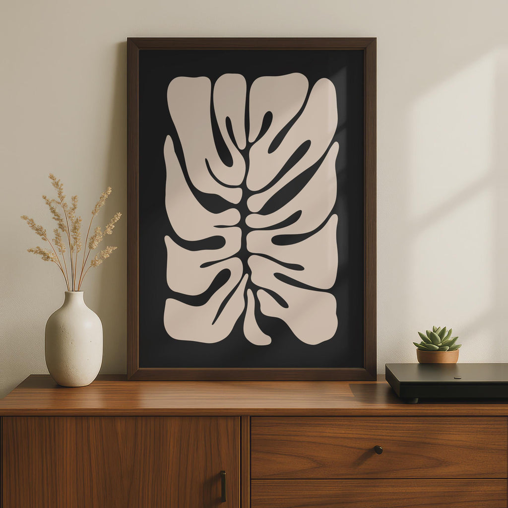 Minimalist Botanical Leaf Print, Abstract Monstera Plant Wall Art, Cream on Black Framed Decor wall art print