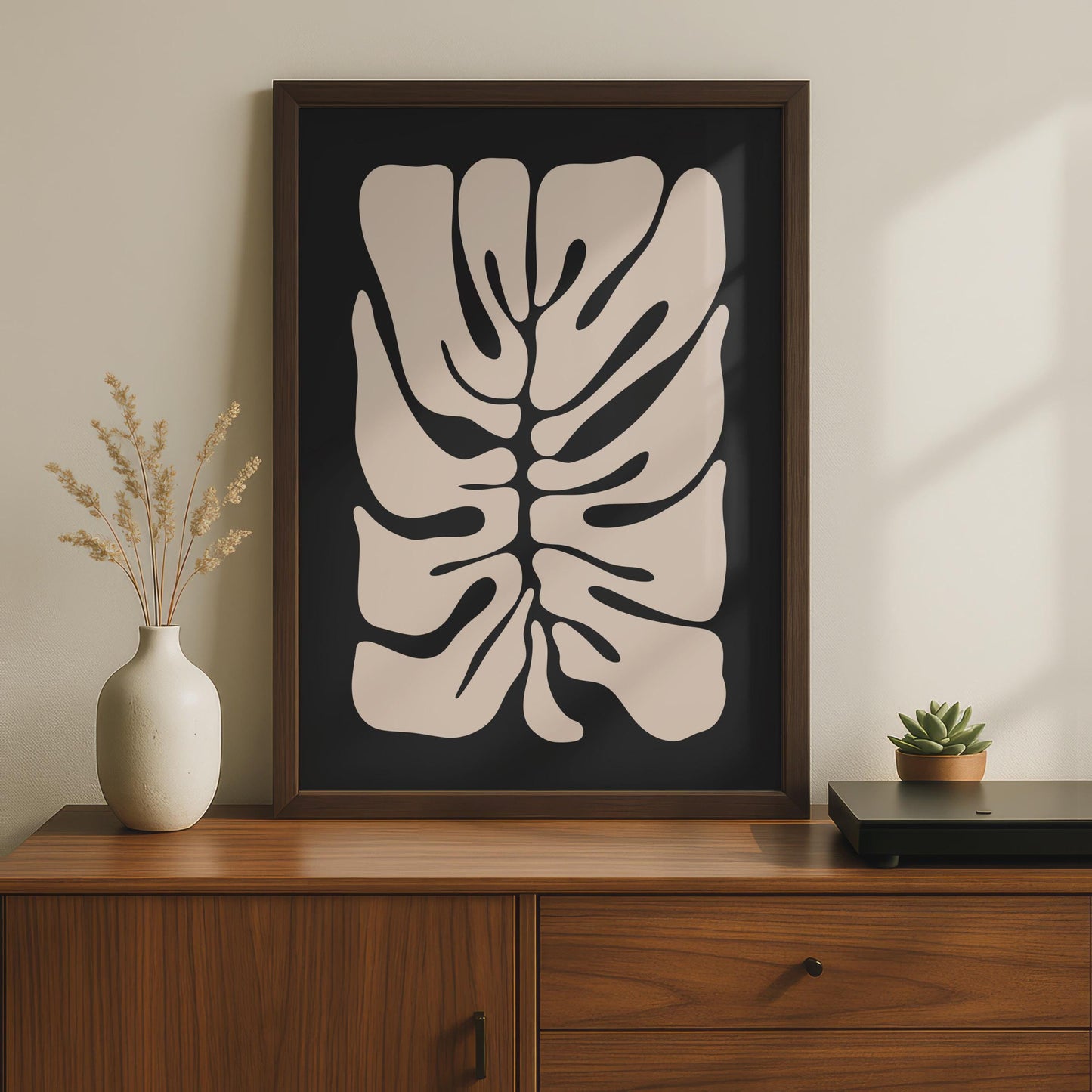 Minimalist Botanical Leaf Print, Abstract Monstera Plant Wall Art, Cream on Black Framed Decor wall art print