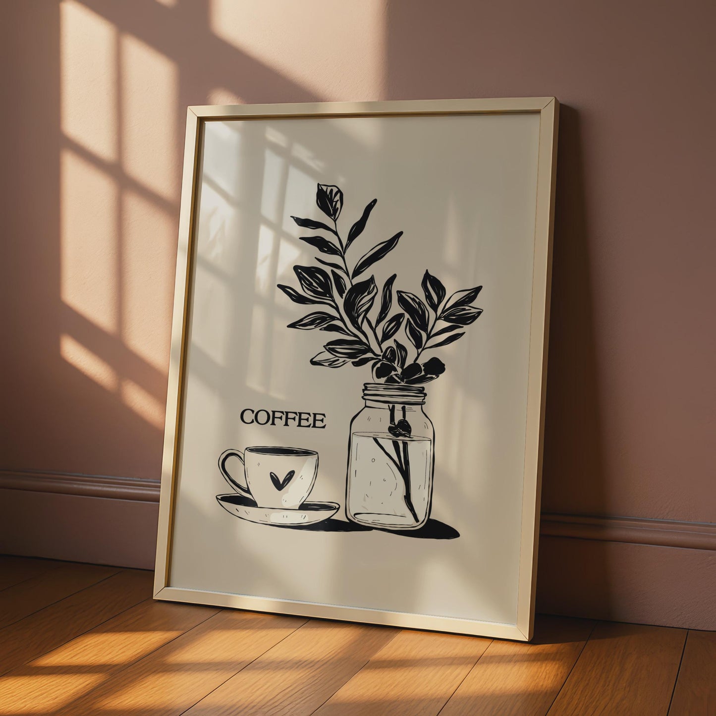 Botanical Coffee Wall Art, Minimalist Print, Coffee Cup and Leaves Decor, Kitchen Artwork wall art print