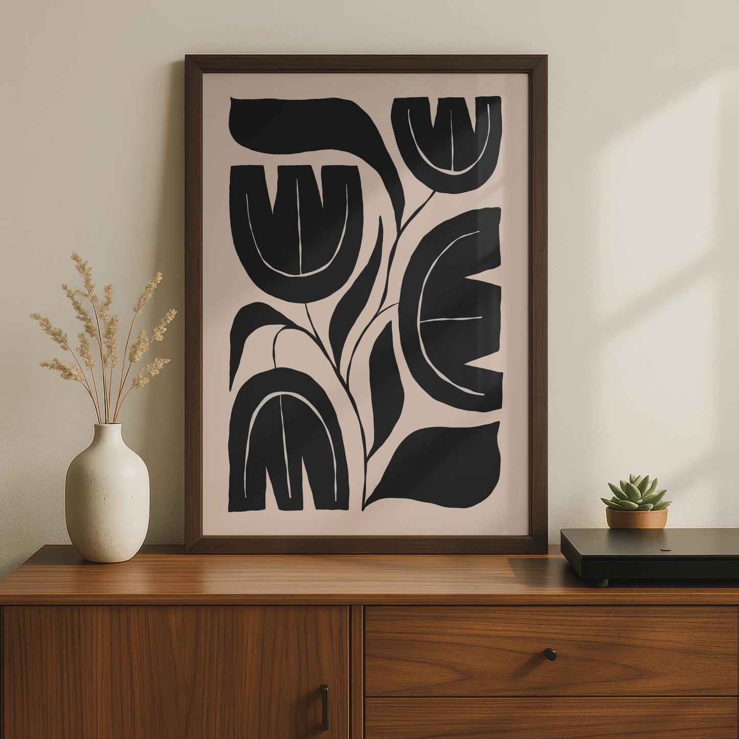 Botanical Flower Print, Black Beige Abstract Floral Wall Art wall art print