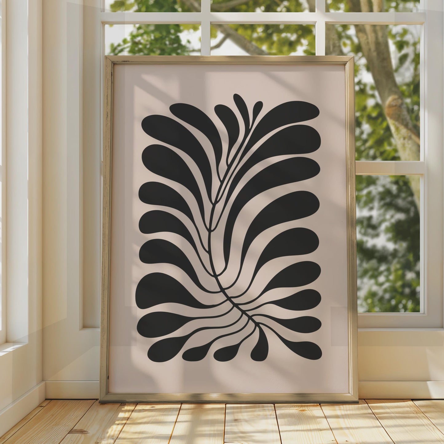Minimalist Botanical Wall Art, Black Leaf Print on Soft Pink Background, Modern Home Decor wall art print
