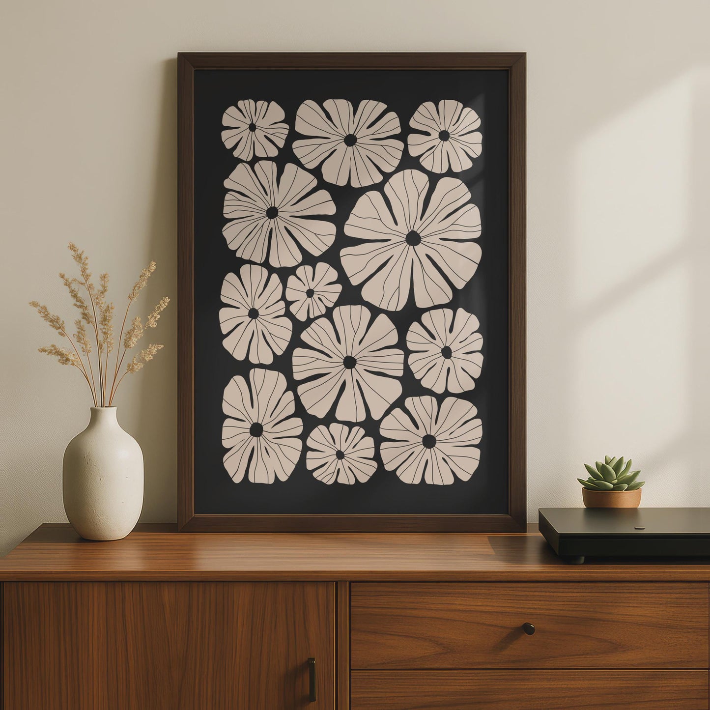 Botanical Flower Poster, Floral Wall Art, Minimalist Print, Pink Flowers on Black Background wall art print