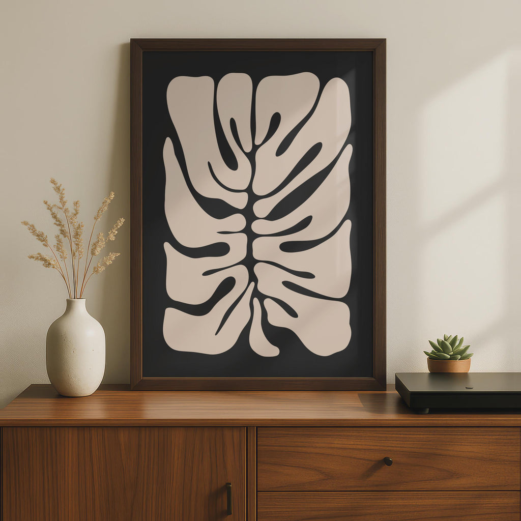 Minimalistic Botanical Wall Art, Abstract Monstera Print, Organic Shape Poster, Black and Beige wall art print