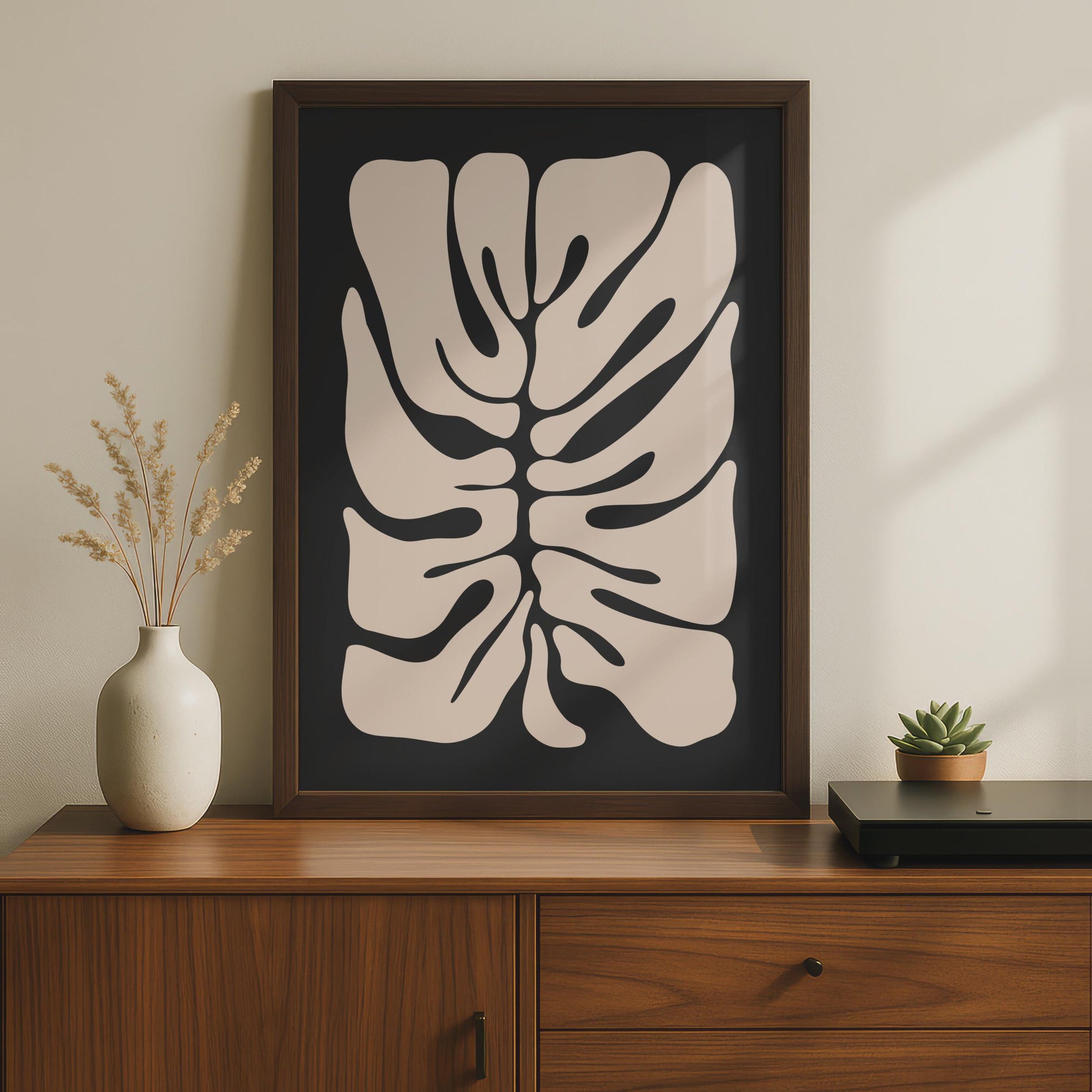 Minimalistic Botanical Wall Art, Abstract Monstera Print, Organic Shape Poster, Black and Beige wall art print