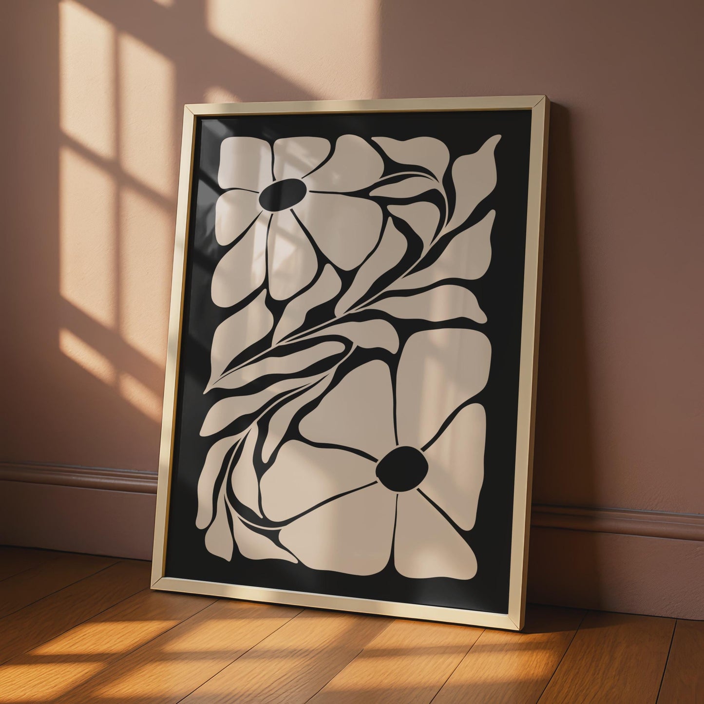 Botanical Flower Poster, Minimalist Floral Art Print, Modern Wall Decor, Black and Beige, Nature wall art print