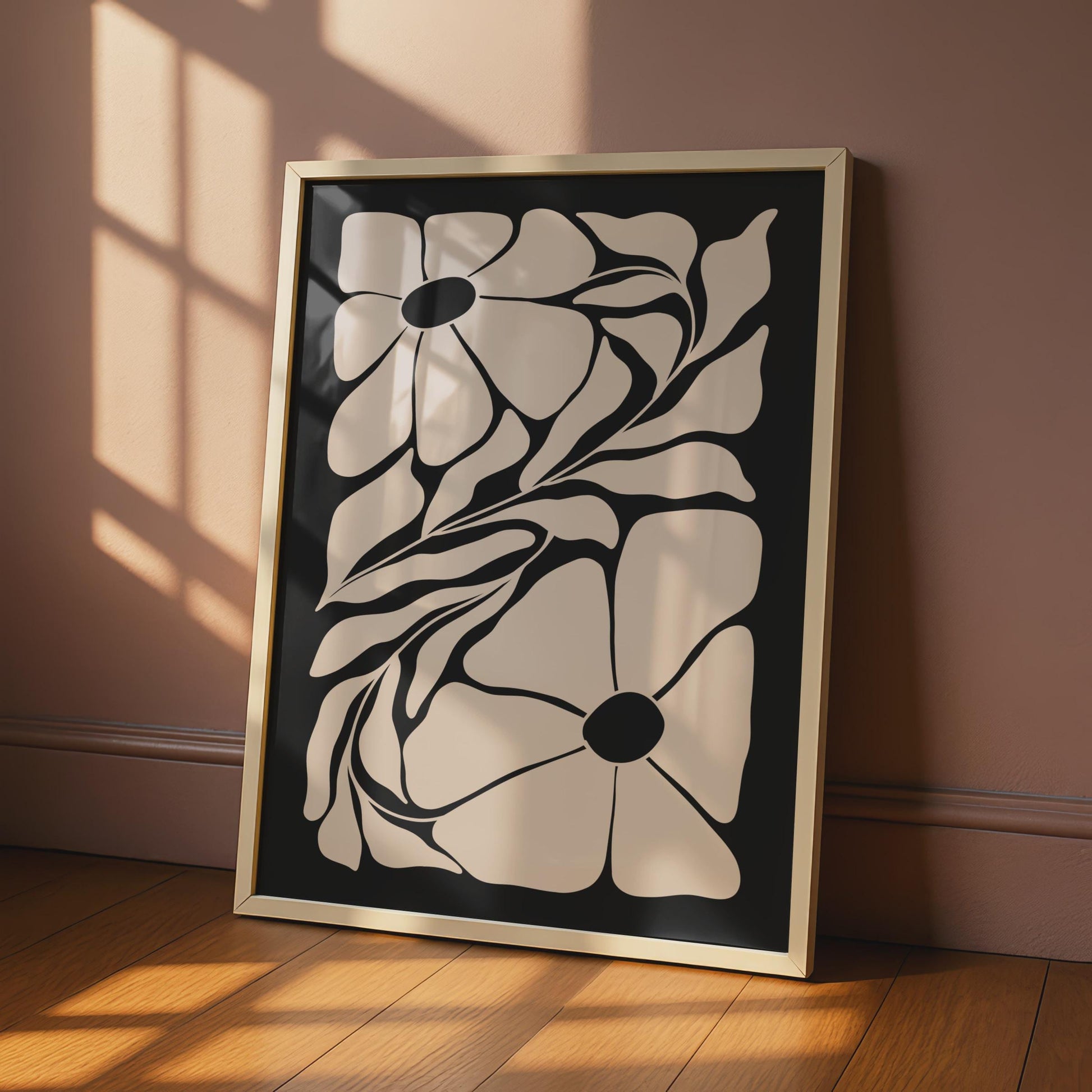 Botanical Flower Poster, Minimalist Floral Art Print, Modern Wall Decor, Black and Beige, Nature wall art print