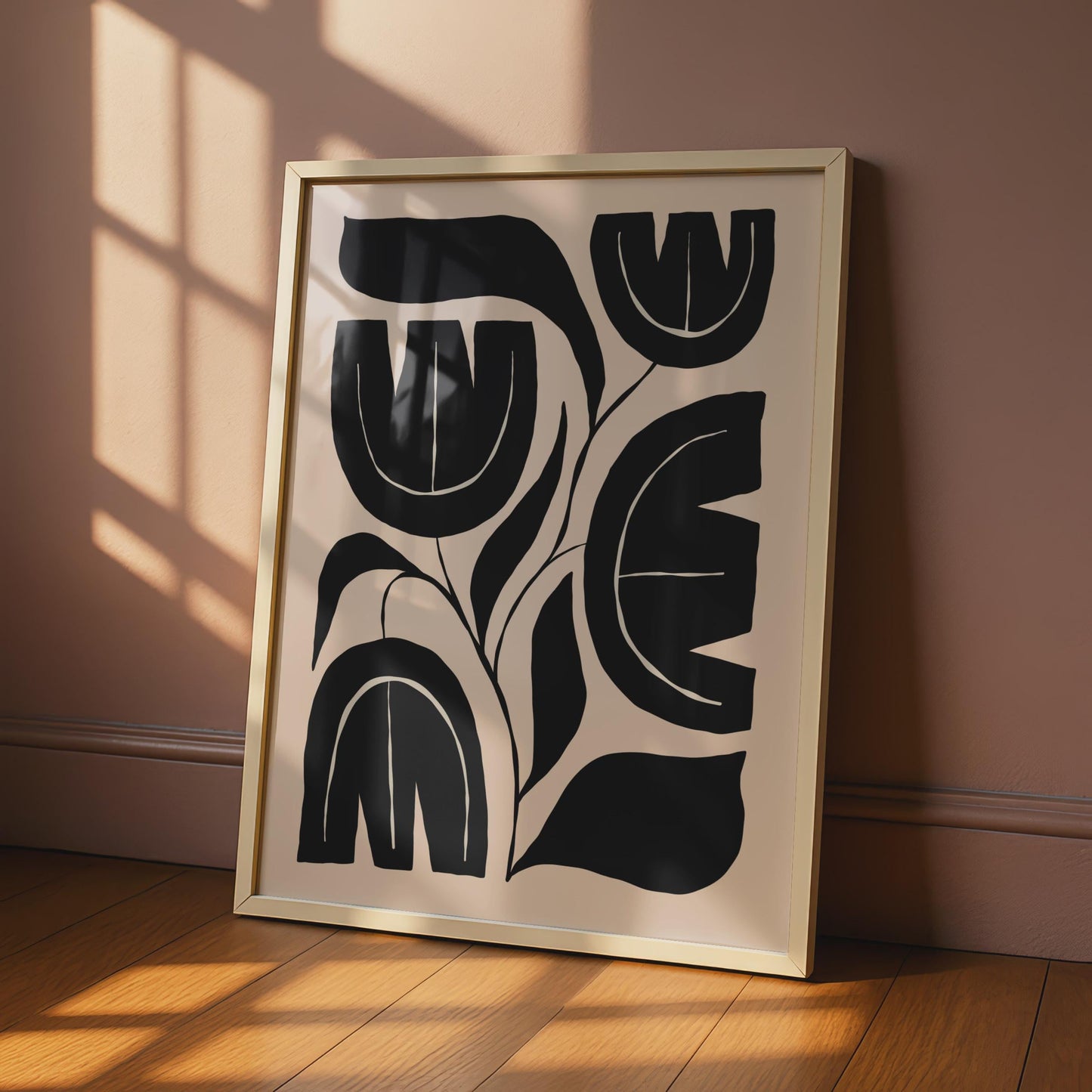 Botanical Flower Print, Black Beige Abstract Floral Wall Art wall art print