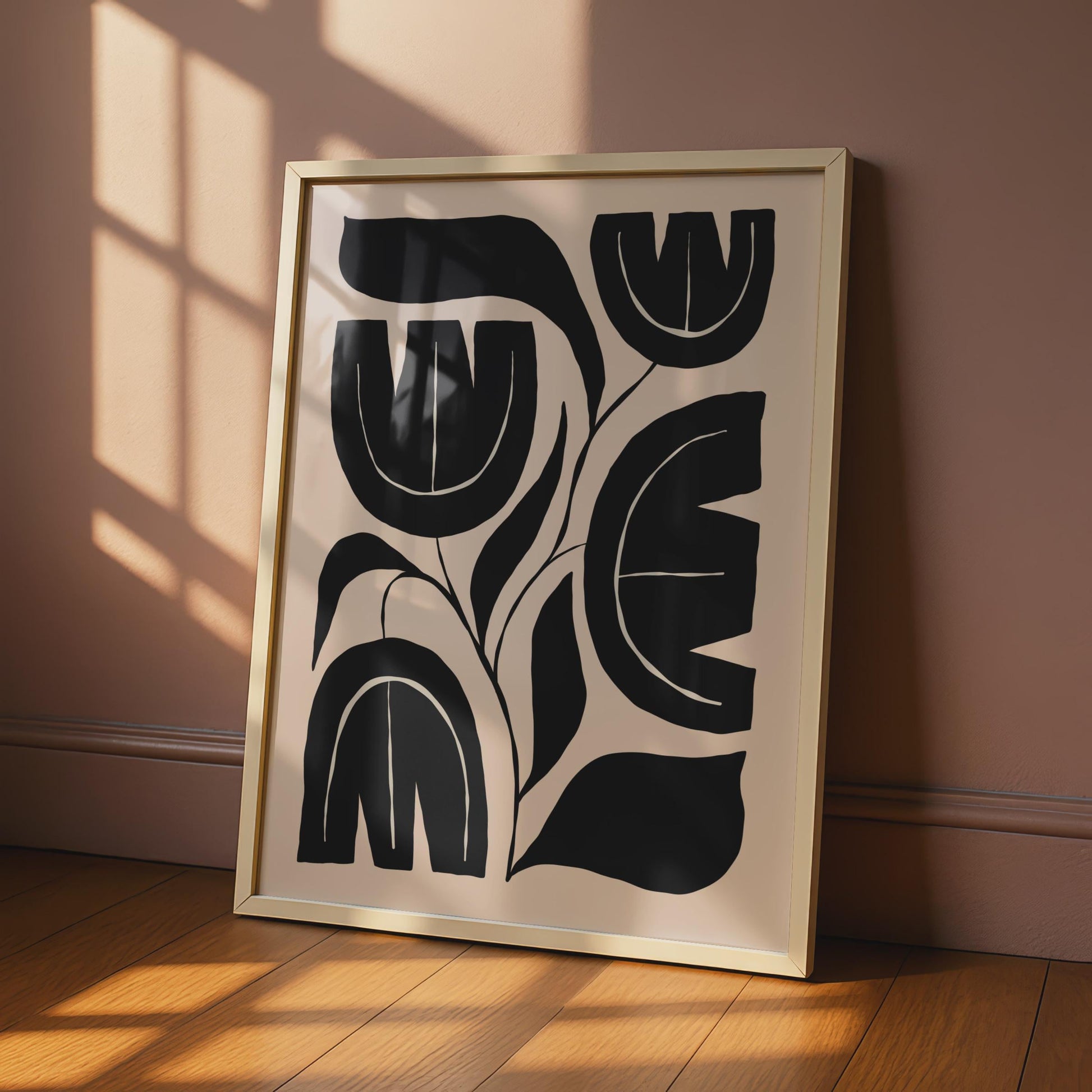 Botanical Flower Print, Black Beige Abstract Floral Wall Art wall art print