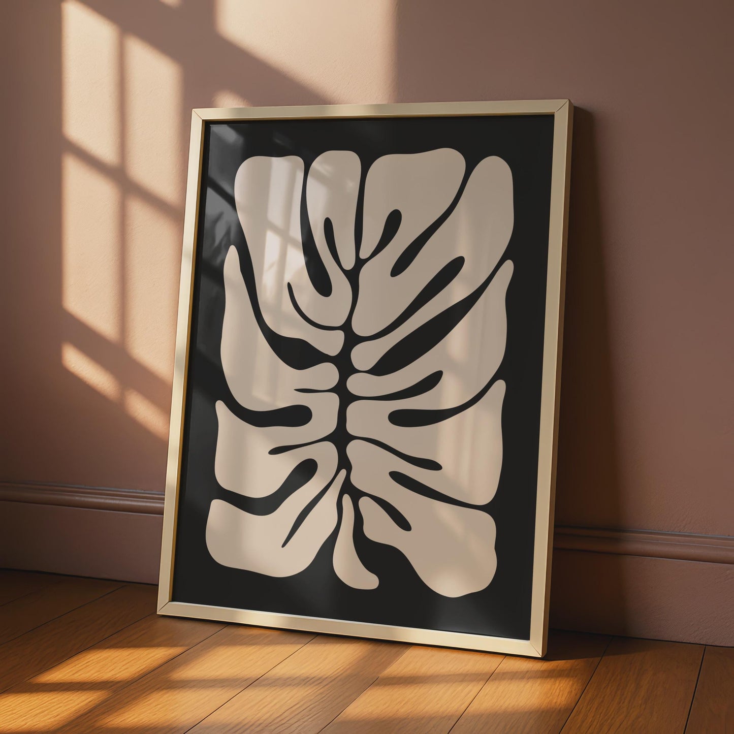 Minimalistic Botanical Wall Art, Abstract Monstera Print, Organic Shape Poster, Black and Beige wall art print
