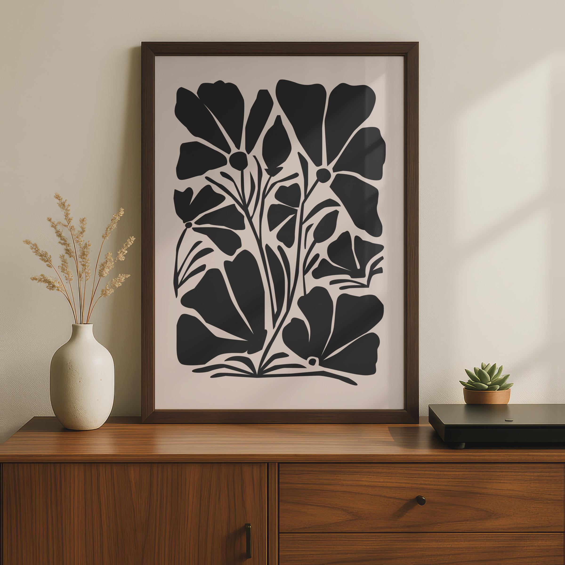 Bold Botanical Flower Print, Minimalist Floral Poster, Black and Beige Art for Home Decor wall art print