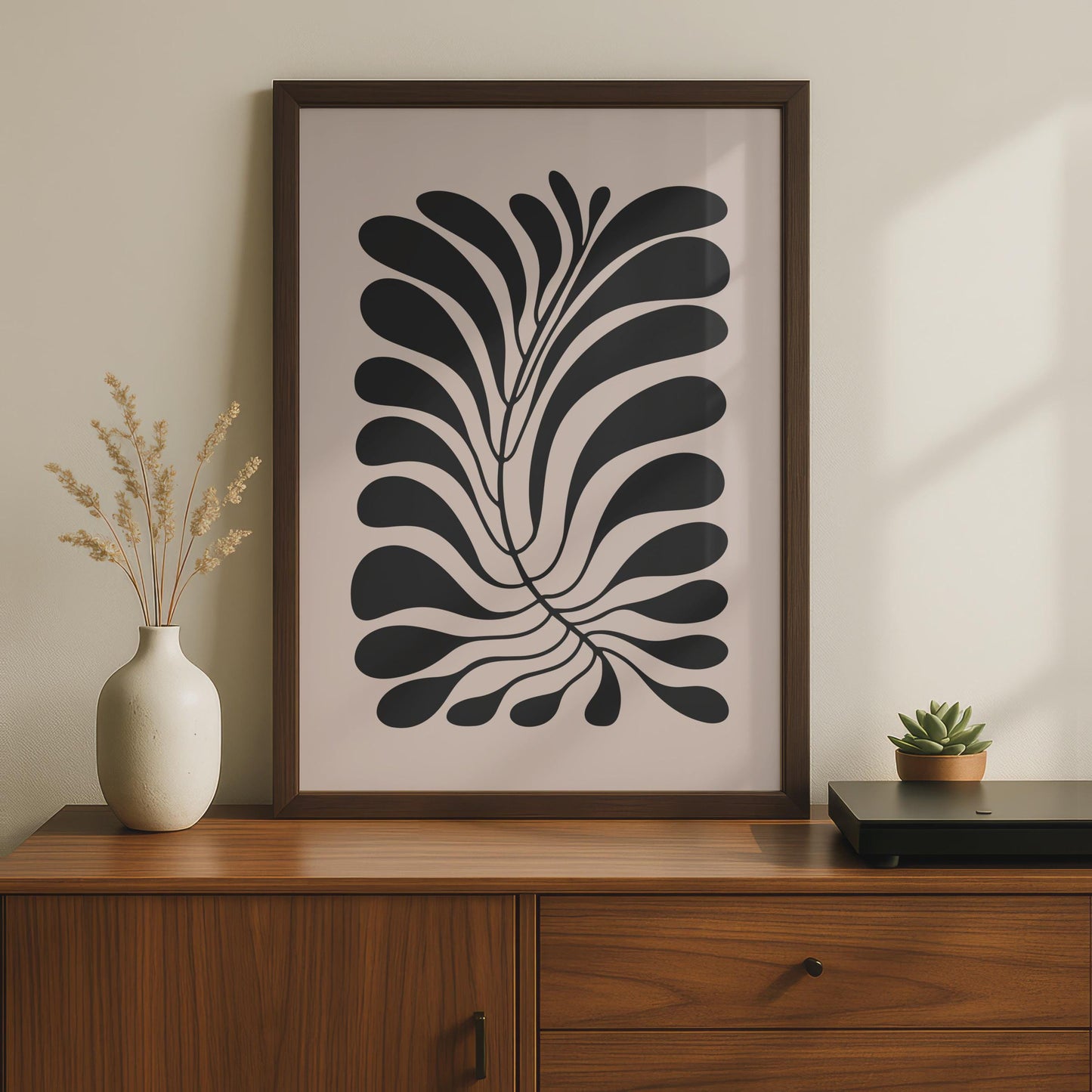 Minimalist Botanical Wall Art, Black Leaf Print on Soft Pink Background, Modern Home Decor wall art print