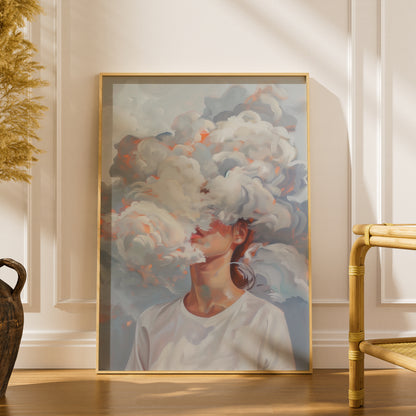 Head in the Clouds Surreal Portrait Poster, Abstract Cloud Wall Art, Dreamy Painted Art Print — styling mockup 1