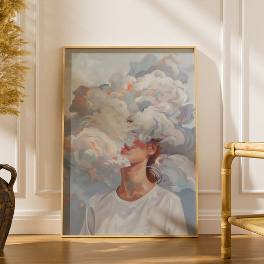 Head in the Clouds Surreal Portrait Poster, Abstract Cloud Wall Art, Dreamy Painted Art Print — styling mockup 1