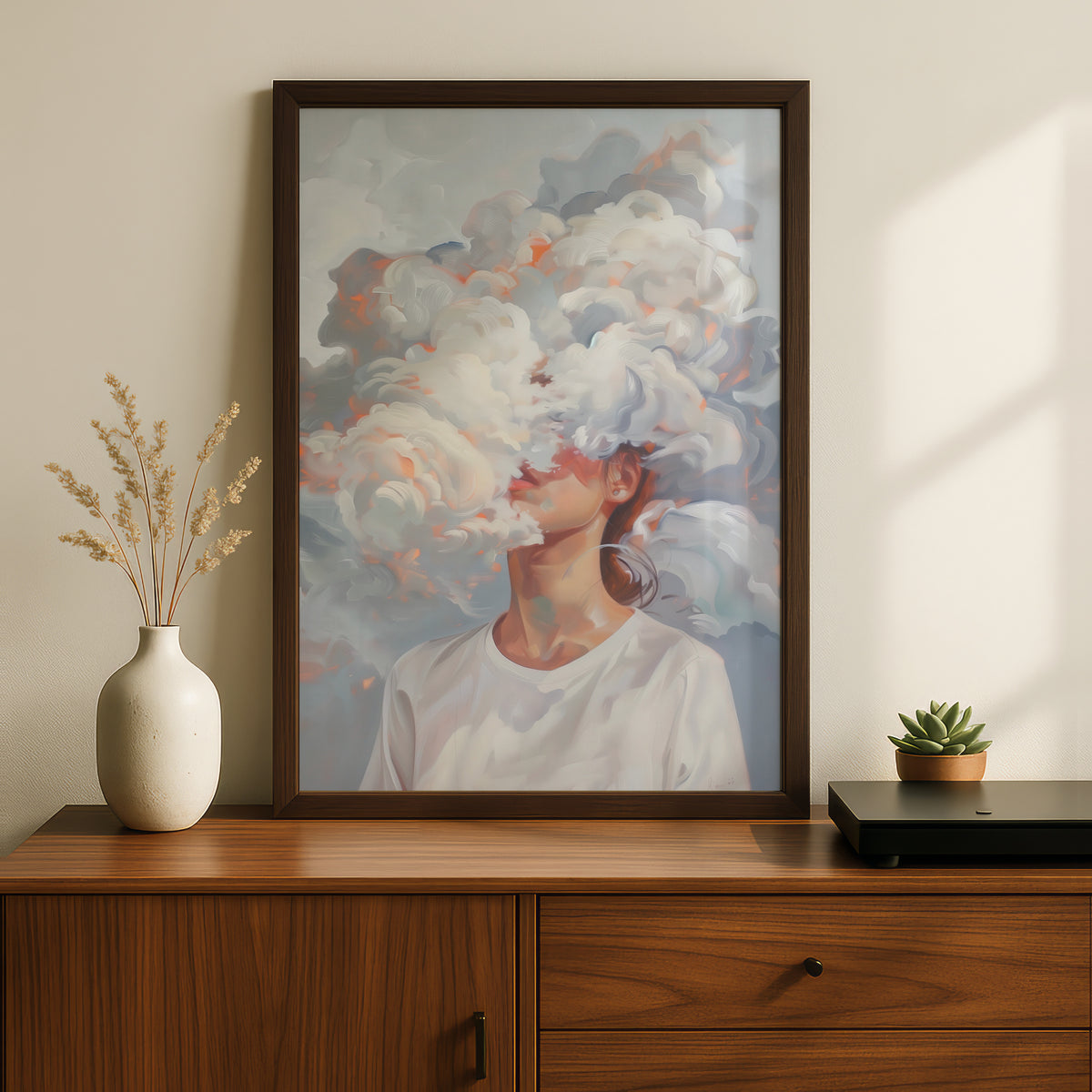 Head in the Clouds Surreal Portrait Poster, Abstract Cloud Wall Art, Dreamy Painted Art Print — styling mockup 2