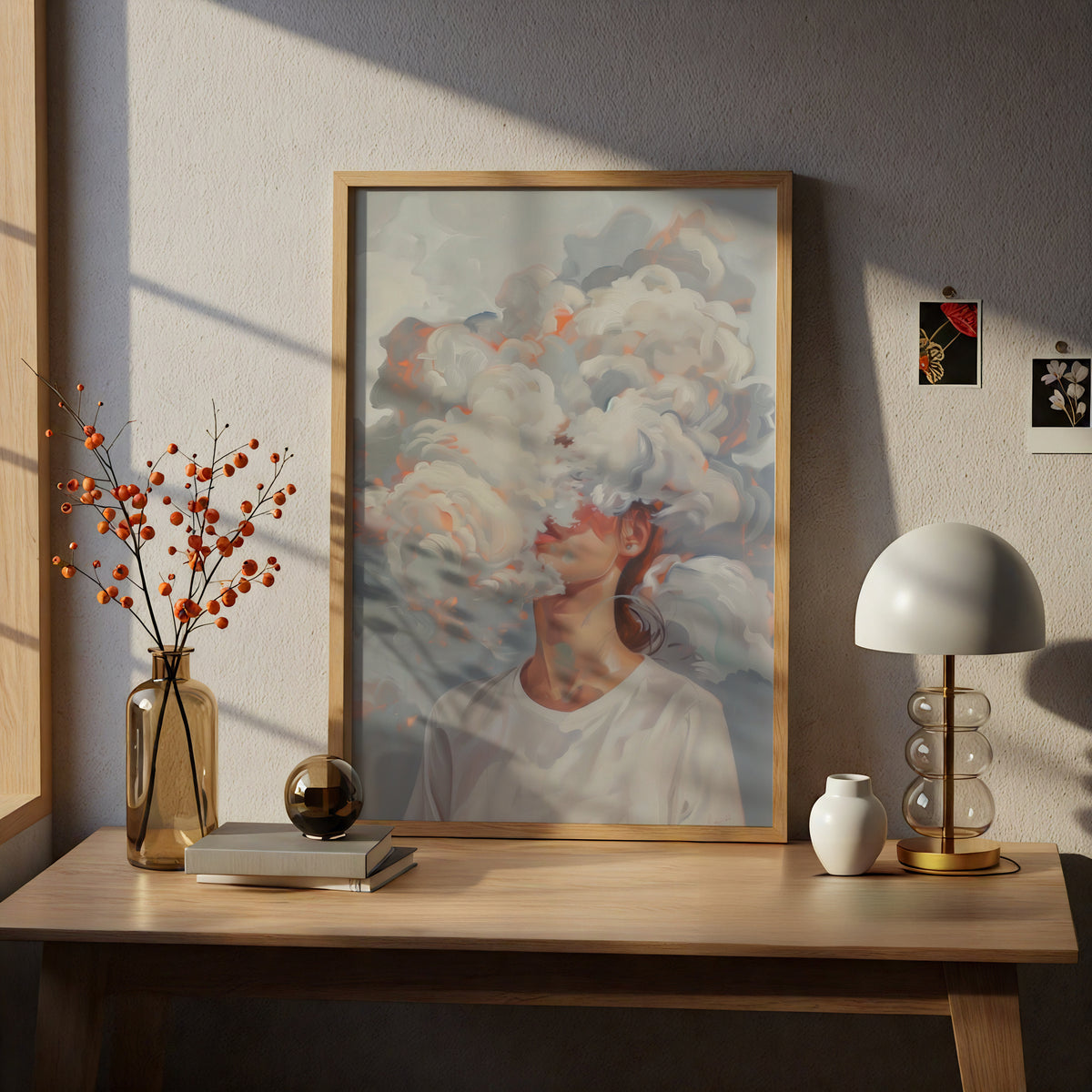 Head in the Clouds Surreal Portrait Poster, Abstract Cloud Wall Art, Dreamy Painted Art Print — styling mockup 5