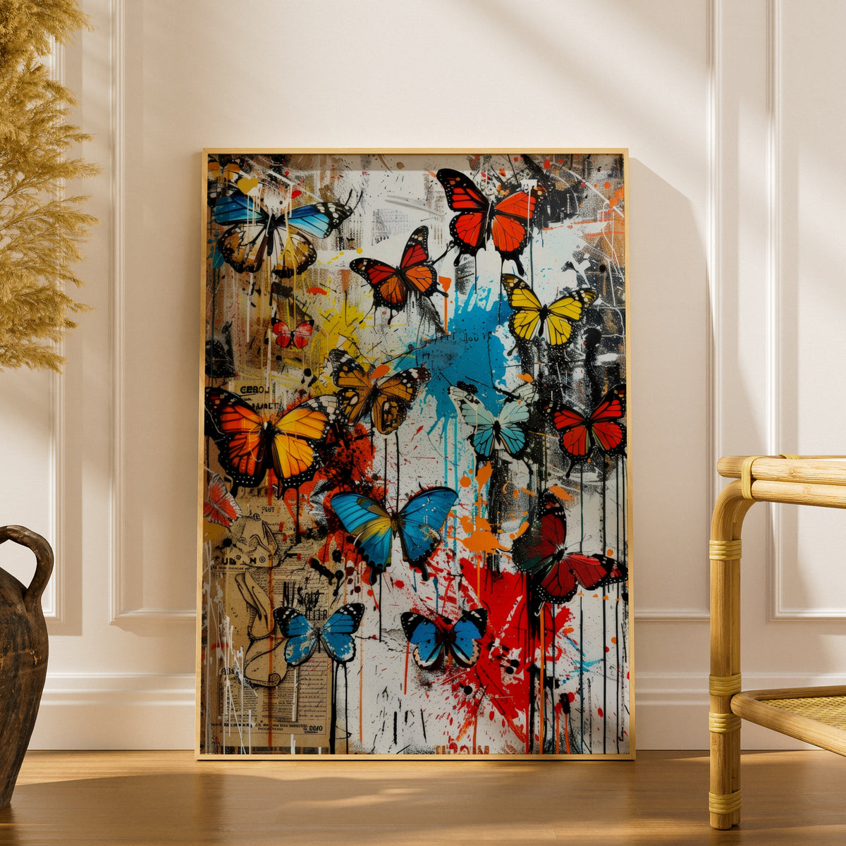 Colourful Butterfly Graffiti Poster, Street Art Wall Art Print, Urban Collage Paint Splatter Decor — styling mockup 1