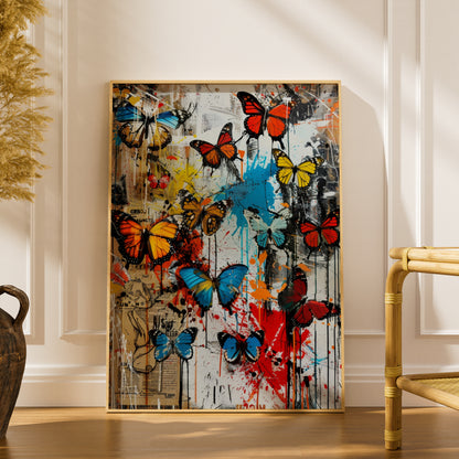 Colourful Butterfly Graffiti Poster, Street Art Wall Art Print, Urban Collage Paint Splatter Decor — styling mockup 1