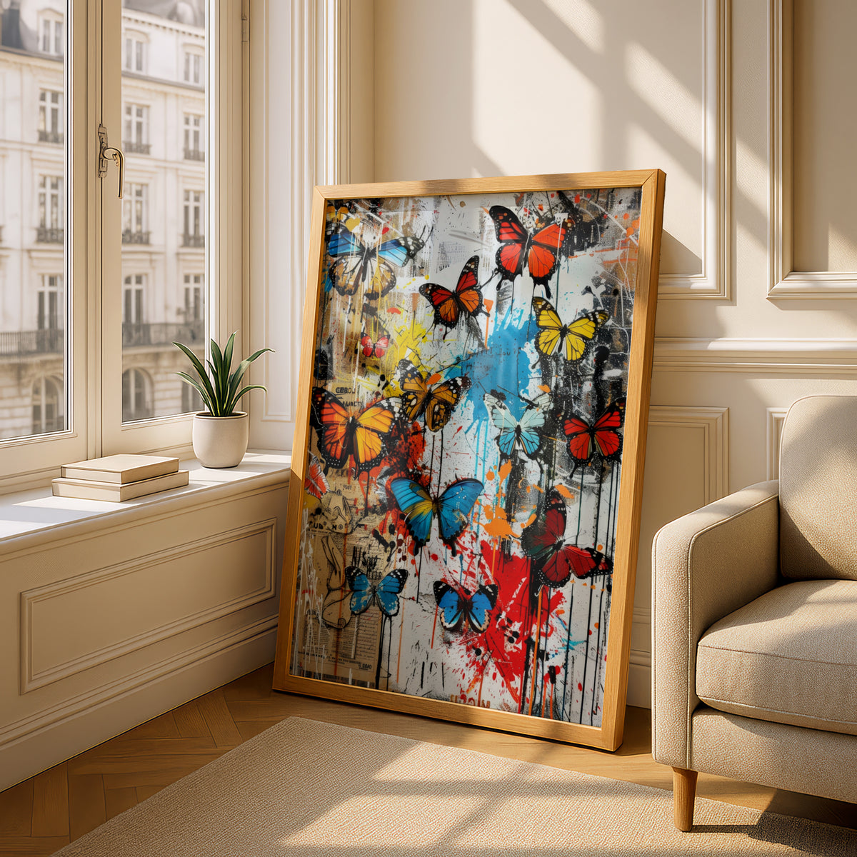 Colourful Butterfly Graffiti Poster, Street Art Wall Art Print, Urban Collage Paint Splatter Decor — styling mockup 4