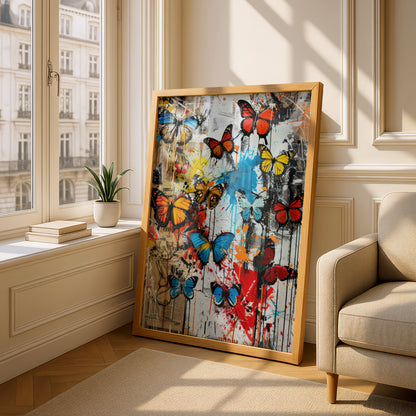 Colourful Butterfly Graffiti Poster, Street Art Wall Art Print, Urban Collage Paint Splatter Decor — styling mockup 4