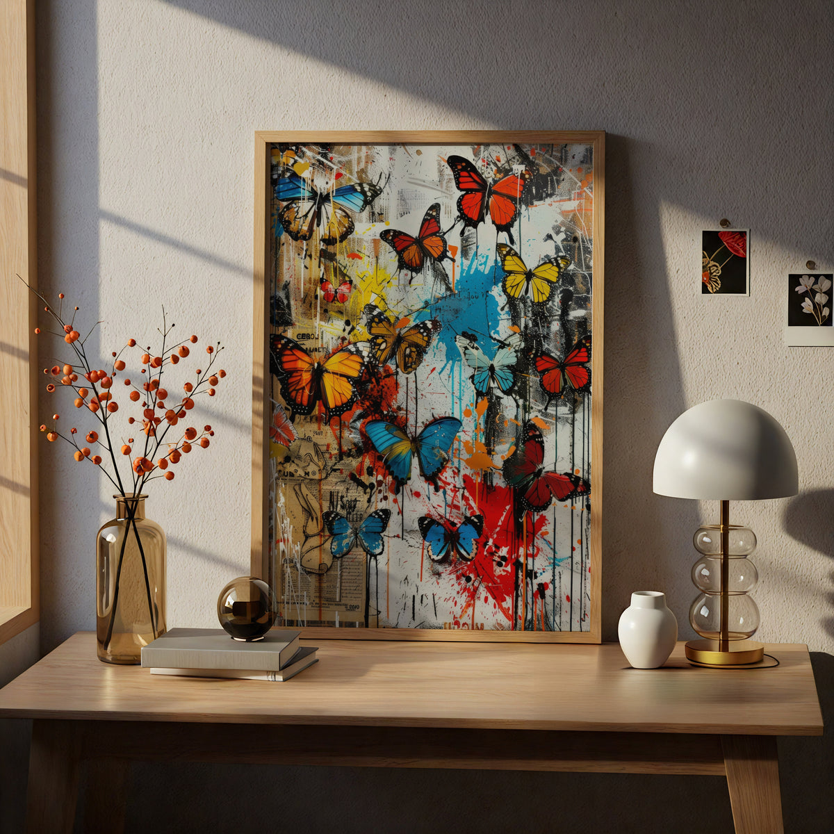 Colourful Butterfly Graffiti Poster, Street Art Wall Art Print, Urban Collage Paint Splatter Decor — styling mockup 5