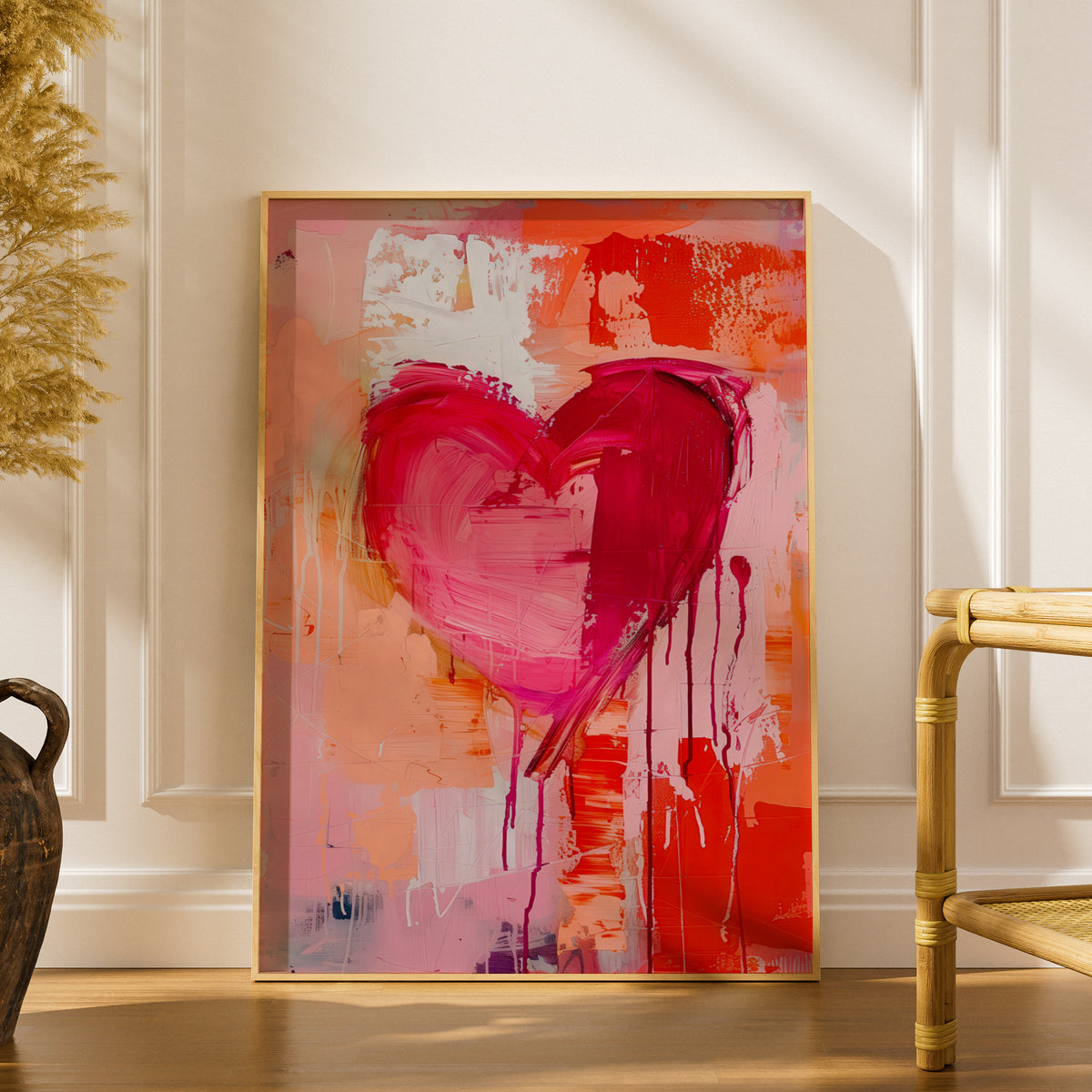 Pink Heart Abstract Wall Art Poster, Expressive Paint Drips Art Print, Colourful Living Room Decor — styling mockup 1