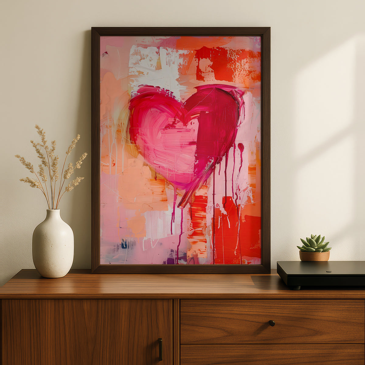 Pink Heart Abstract Wall Art Poster, Expressive Paint Drips Art Print, Colourful Living Room Decor — styling mockup 2