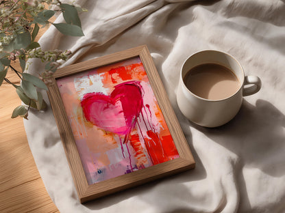 Pink Heart Abstract Wall Art Poster, Expressive Paint Drips Art Print, Colourful Living Room Decor — styling mockup 3