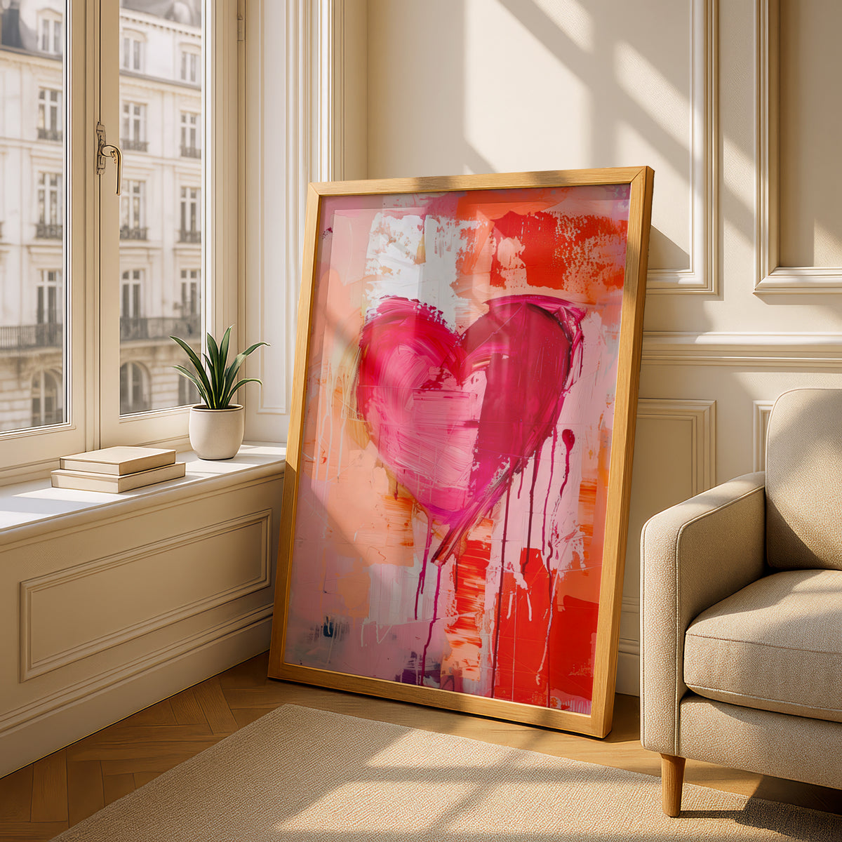 Pink Heart Abstract Wall Art Poster, Expressive Paint Drips Art Print, Colourful Living Room Decor — styling mockup 4