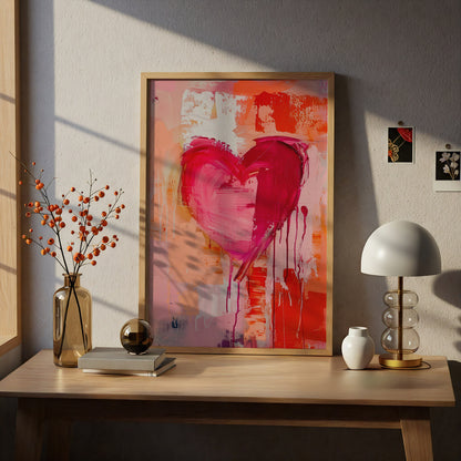 Pink Heart Abstract Wall Art Poster, Expressive Paint Drips Art Print, Colourful Living Room Decor — styling mockup 5