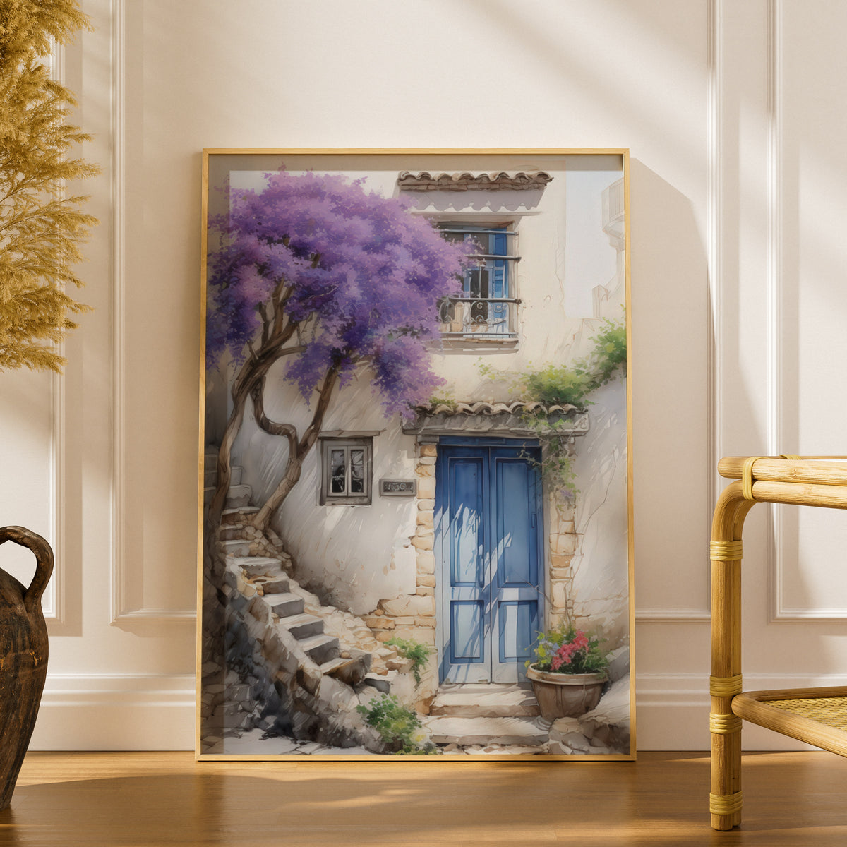 Mediterranean Blue Door Watercolour Poster, Purple Blossom Tree Wall Art Print, Whitewashed Cottage — styling mockup 1