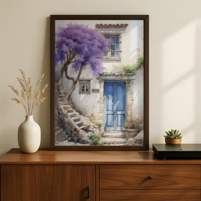 Mediterranean Blue Door Watercolour Poster, Purple Blossom Tree Wall Art Print, Whitewashed Cottage — styling mockup 2