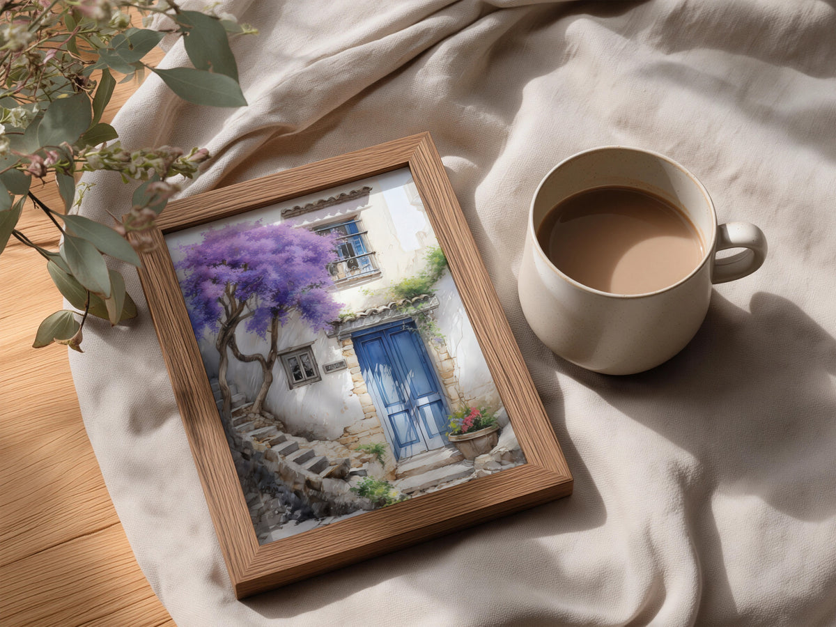 Mediterranean Blue Door Watercolour Poster, Purple Blossom Tree Wall Art Print, Whitewashed Cottage — styling mockup 3