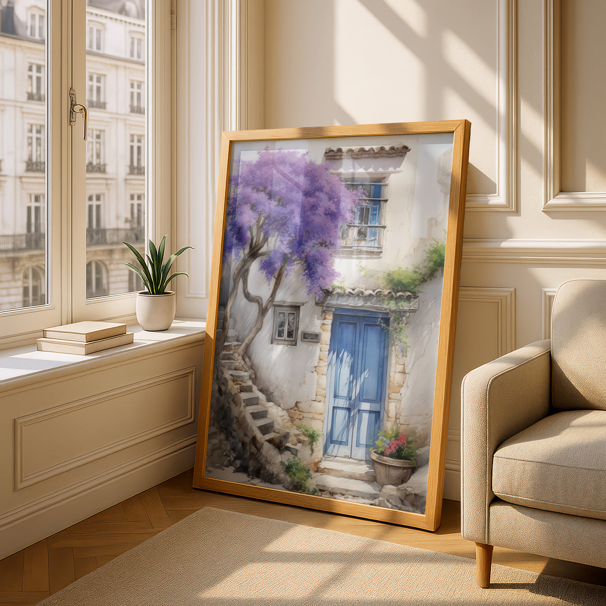 Mediterranean Blue Door Watercolour Poster, Purple Blossom Tree Wall Art Print, Whitewashed Cottage — styling mockup 4