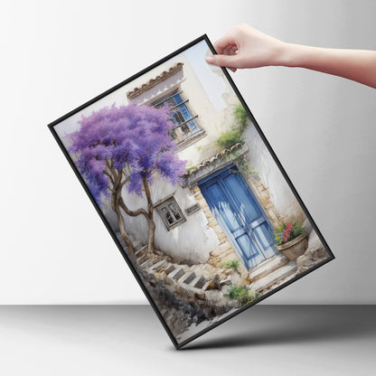 Mediterranean Blue Door Watercolour Poster, Purple Blossom Tree Wall Art Print, Whitewashed Cottage — styling mockup 6