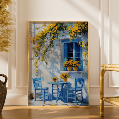 Mediterranean Blue Window Wall Art, Greek Cafe Poster, Yellow Flowers Oil Painting Style Print — styling mockup 1