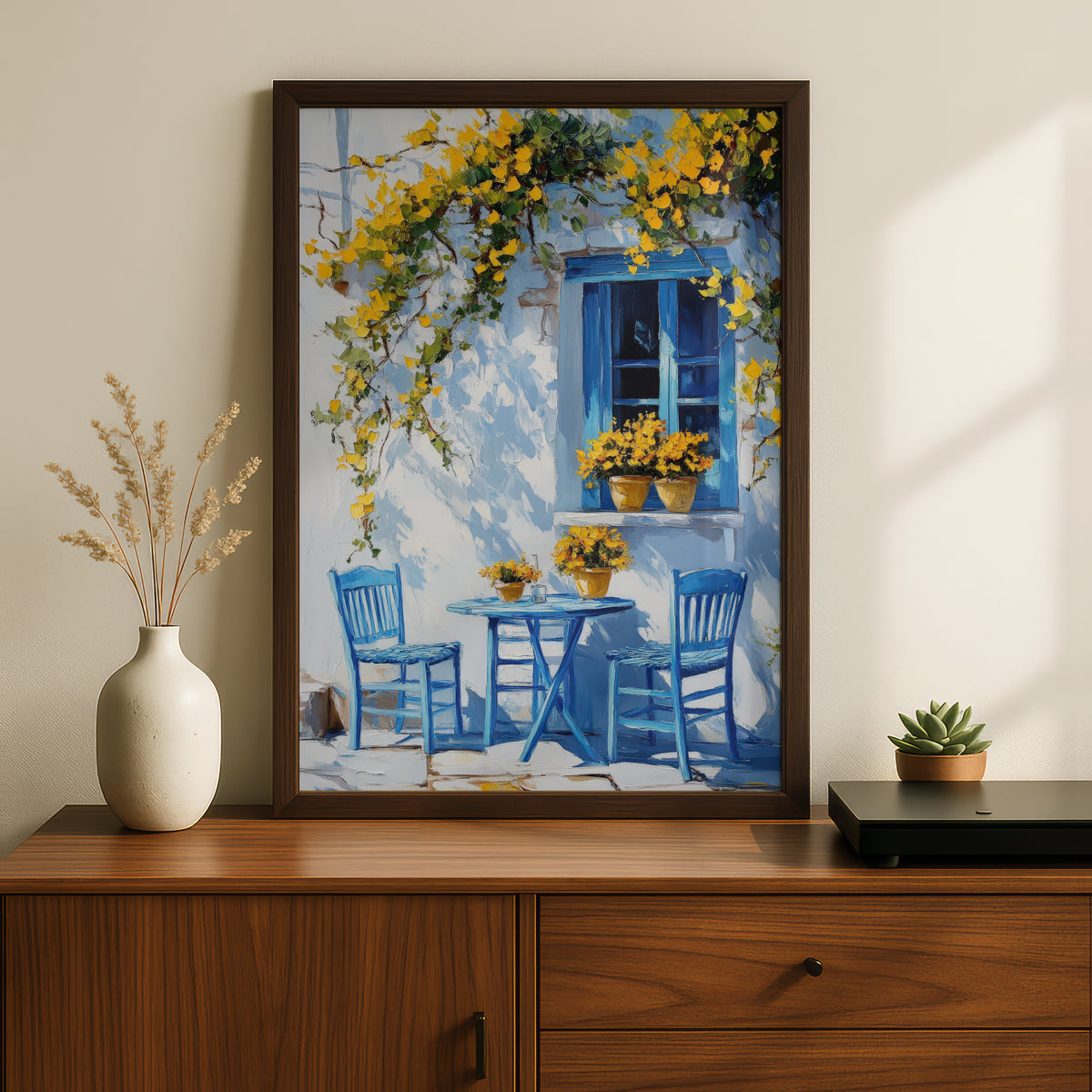 Mediterranean Blue Window Wall Art, Greek Cafe Poster, Yellow Flowers Oil Painting Style Print — styling mockup 2
