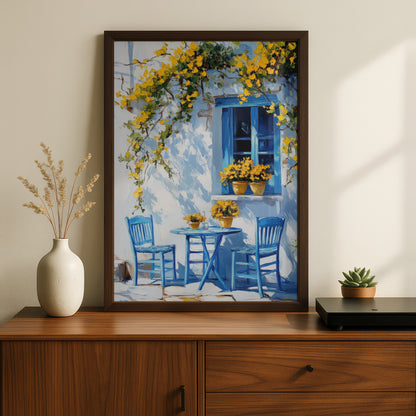 Mediterranean Blue Window Wall Art, Greek Cafe Poster, Yellow Flowers Oil Painting Style Print — styling mockup 2