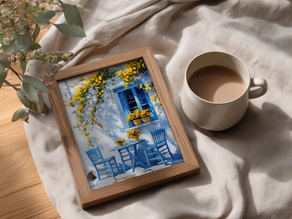 Mediterranean Blue Window Wall Art, Greek Cafe Poster, Yellow Flowers Oil Painting Style Print — styling mockup 3
