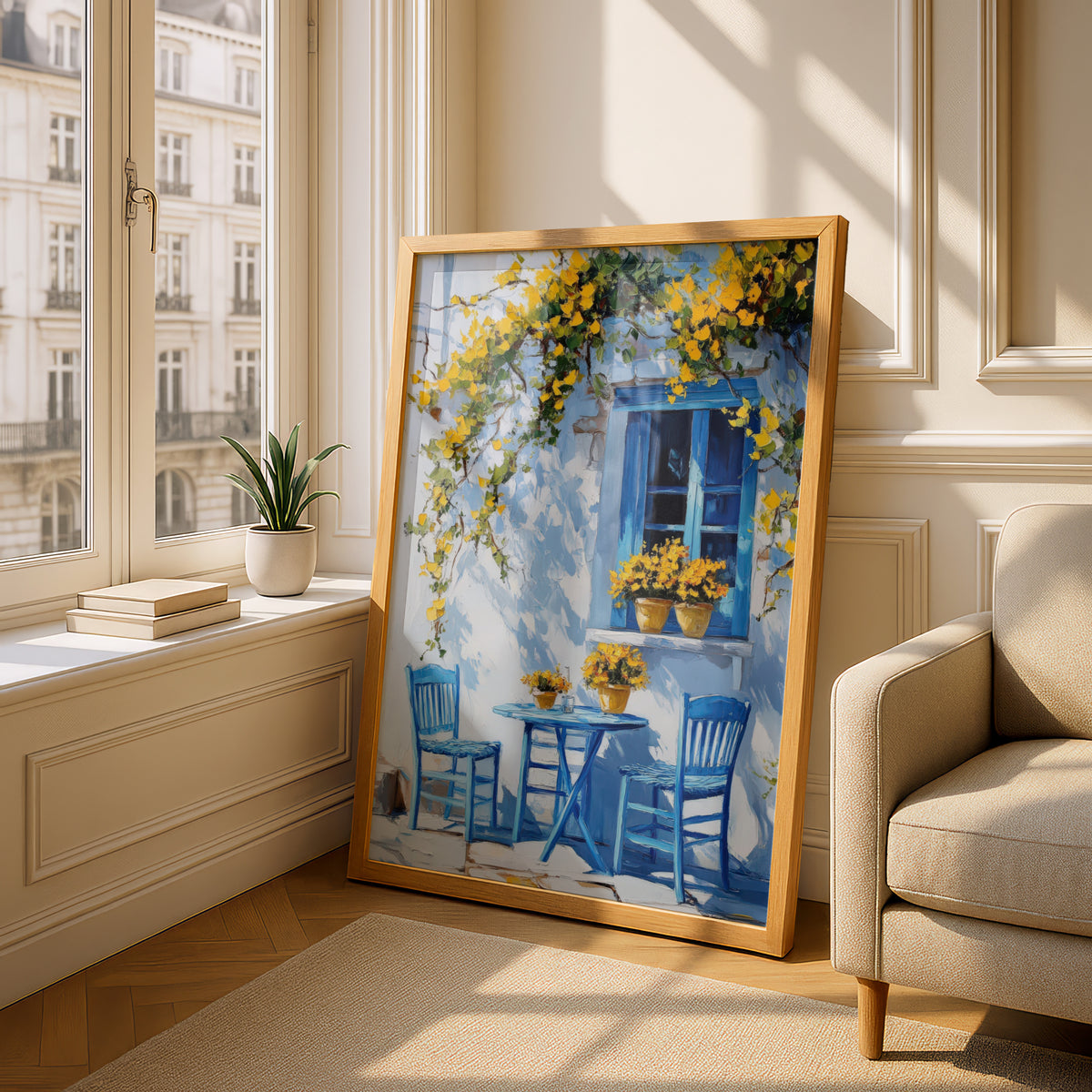 Mediterranean Blue Window Wall Art, Greek Cafe Poster, Yellow Flowers Oil Painting Style Print — styling mockup 4