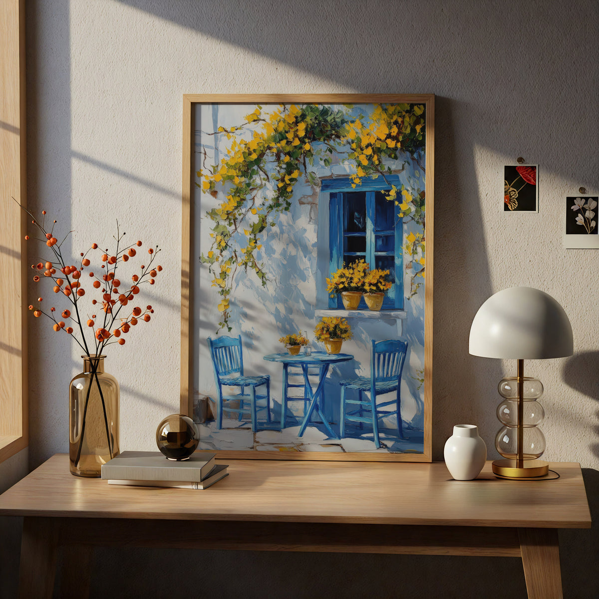 Mediterranean Blue Window Wall Art, Greek Cafe Poster, Yellow Flowers Oil Painting Style Print — styling mockup 5