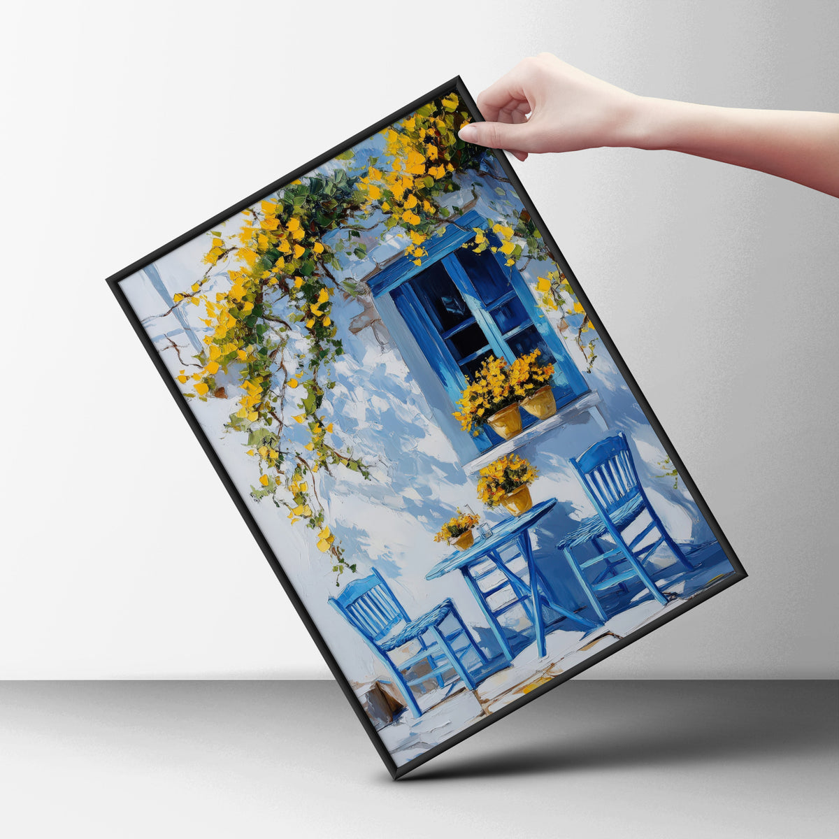 Mediterranean Blue Window Wall Art, Greek Cafe Poster, Yellow Flowers Oil Painting Style Print — styling mockup 6